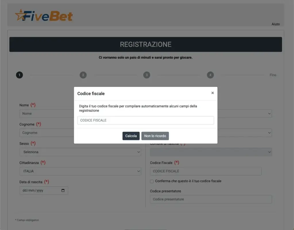 Apertura conto gioco Fivebet